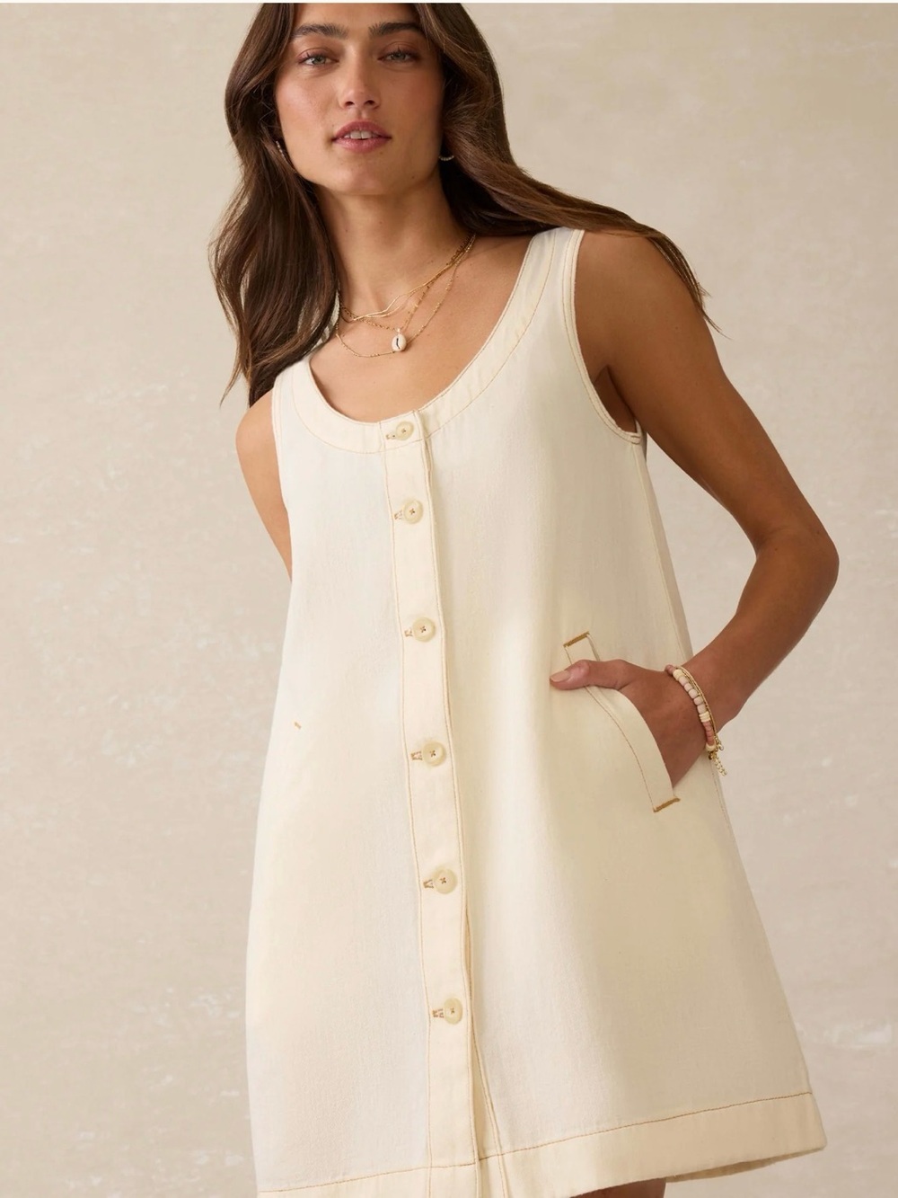 Faherty || Linen Denim Malibu Mini Dress Whitecliff Wash Sleeveless Cream size S